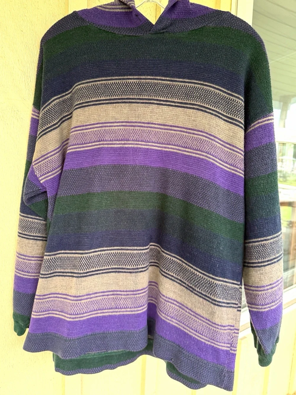 VTG 90s PAZZO Hooded Baja Sweater Purple Green Oatmeal Striped Skater Streetwear